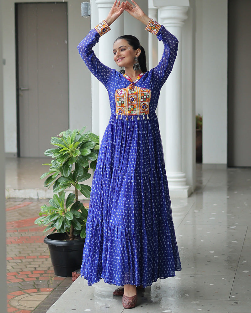 Blue Color Georgette Bandhani Print Navratri Gown - ETHNICDEAL