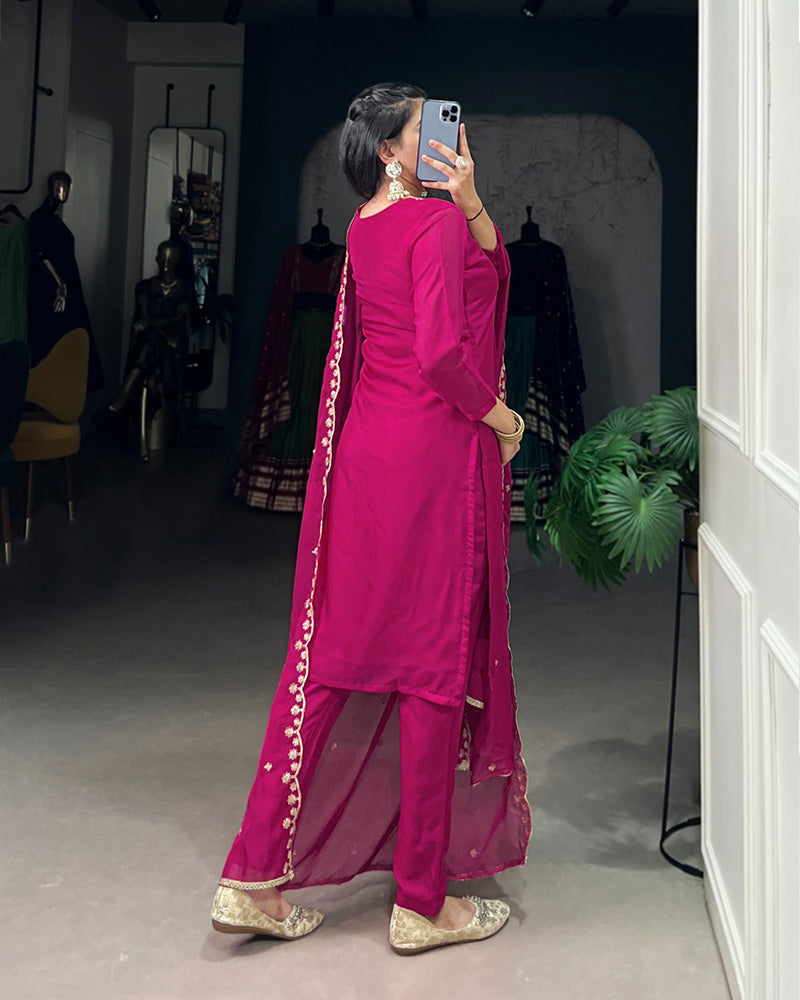 Pink Color Organza Three Piece Kurti Suit - ETHNICDEAL