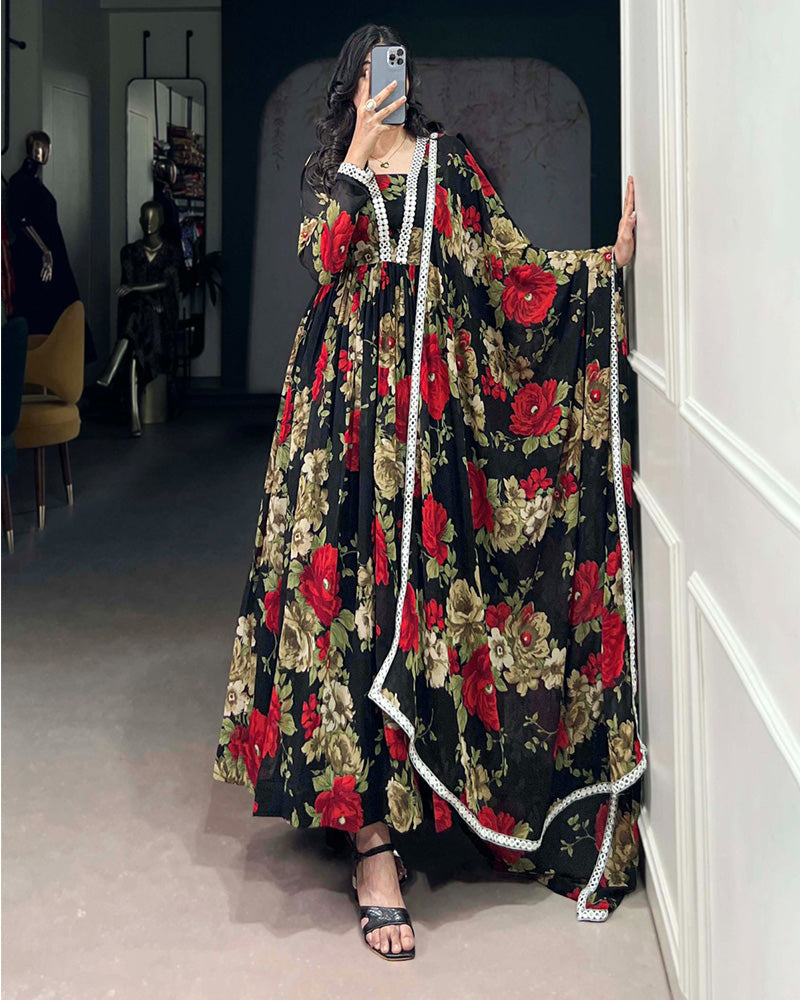 Black And Red Color Floral printed Georgette Gown - ETHNICDEAL
