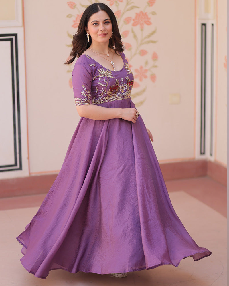 Lavender Color Gold Crush Embroidered Work Gown - ETHNICDEAL