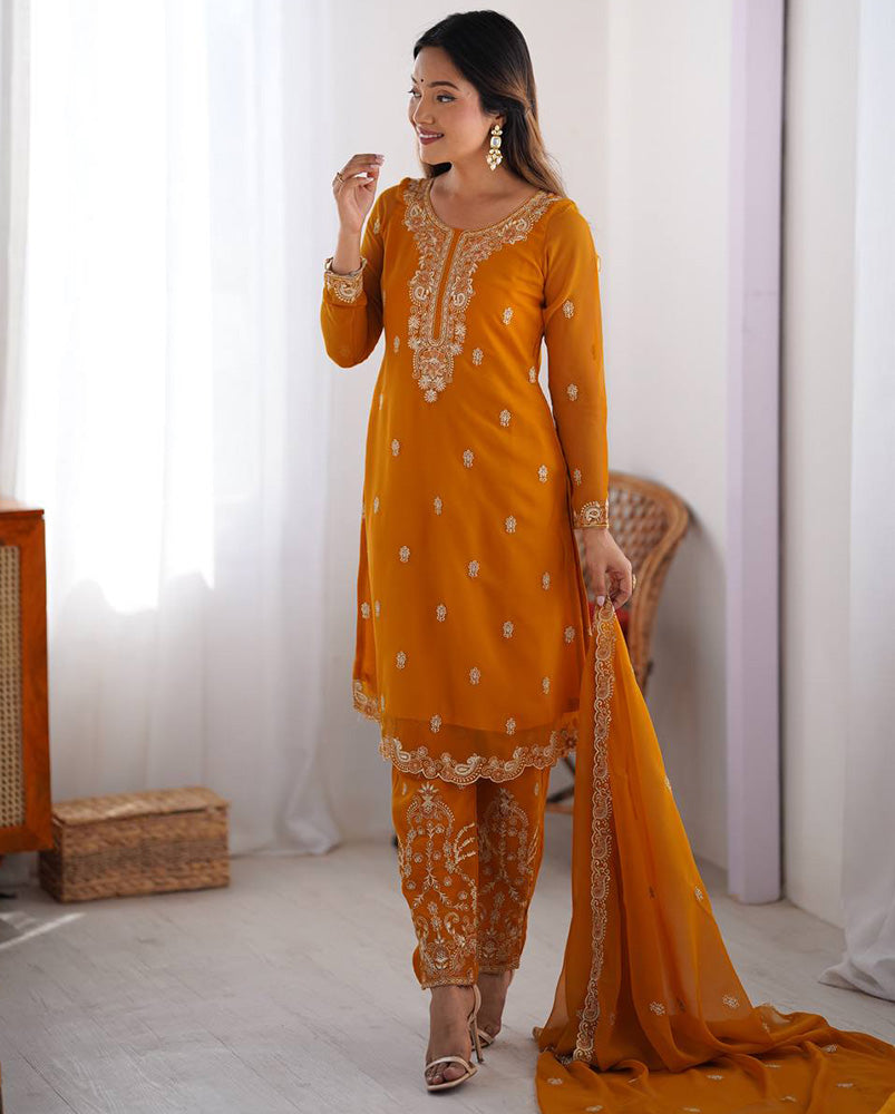 Yellow Color Faux Georgette Three Piece Kurti Suit - ETHNICDEAL