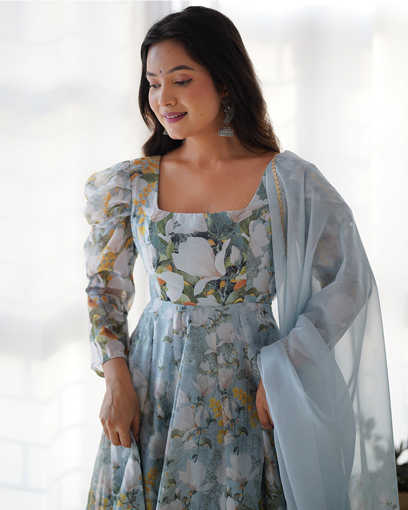 Green Color Pure Soft Organza Three Piece Anarkali Suit - ETHNICDEAL