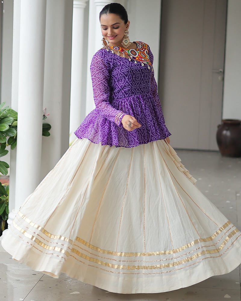 Purple Bandhani Style Peplum Choli With Kora Cotton Lehenga - ETHNICDEAL