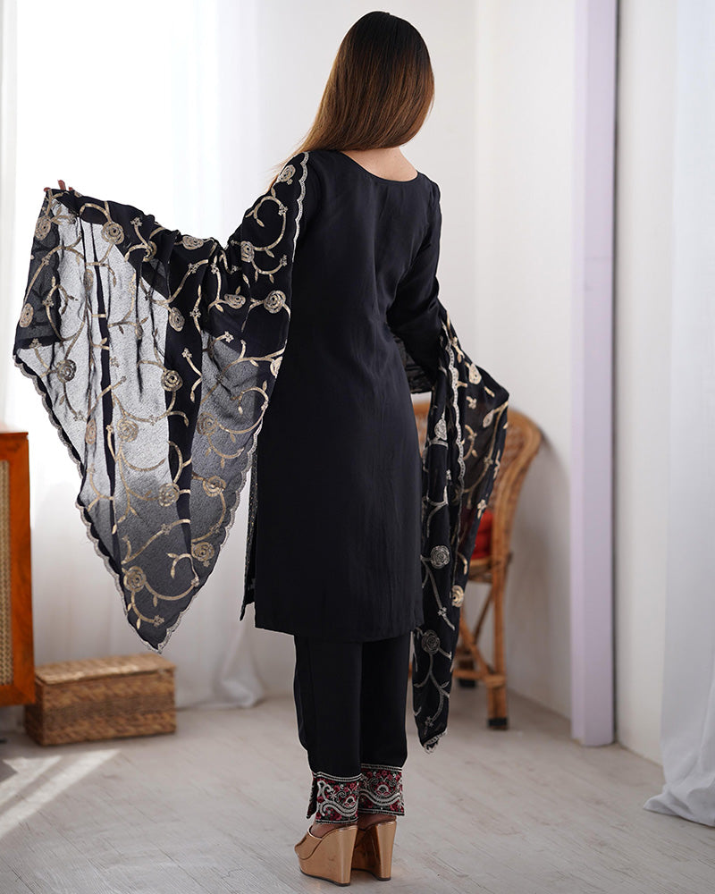 Black Color Chinon Silk Three Piece Kurti Suit - ETHNICDEAL