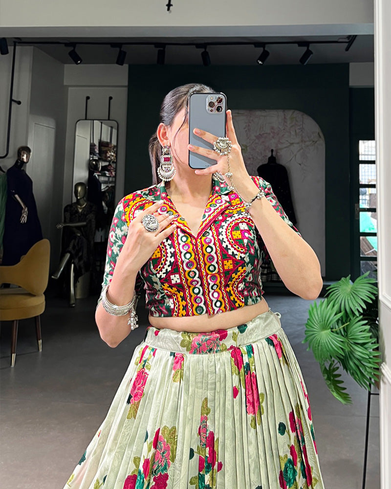 Green Color Tussar Silk Patola Printed Lehenga Choli - ETHNICDEAL