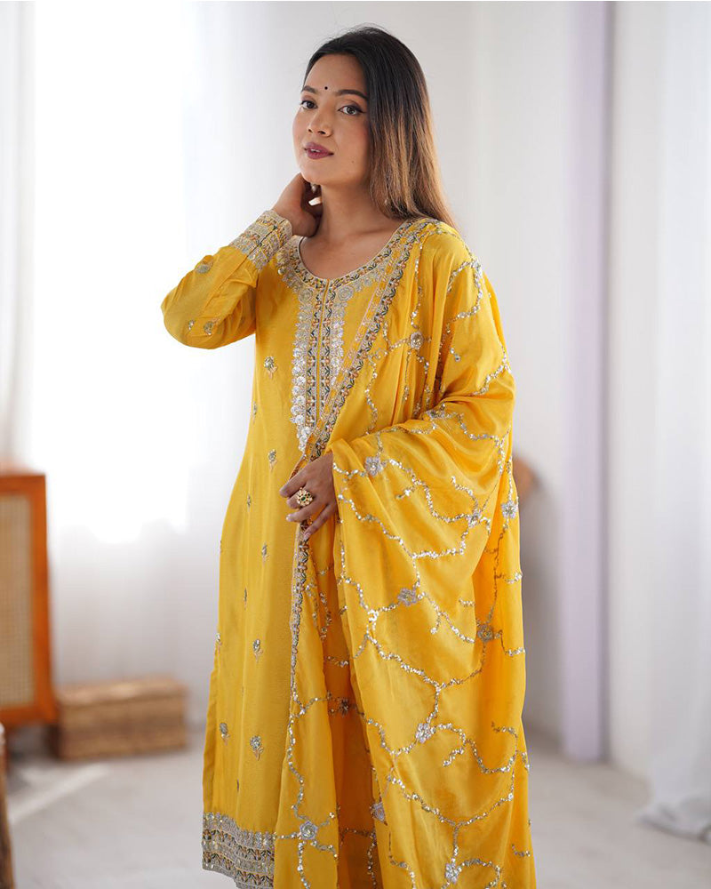 Yellow Color Chinon Silk Embroidered Three Piece Kurti Suit - ETHNICDEAL