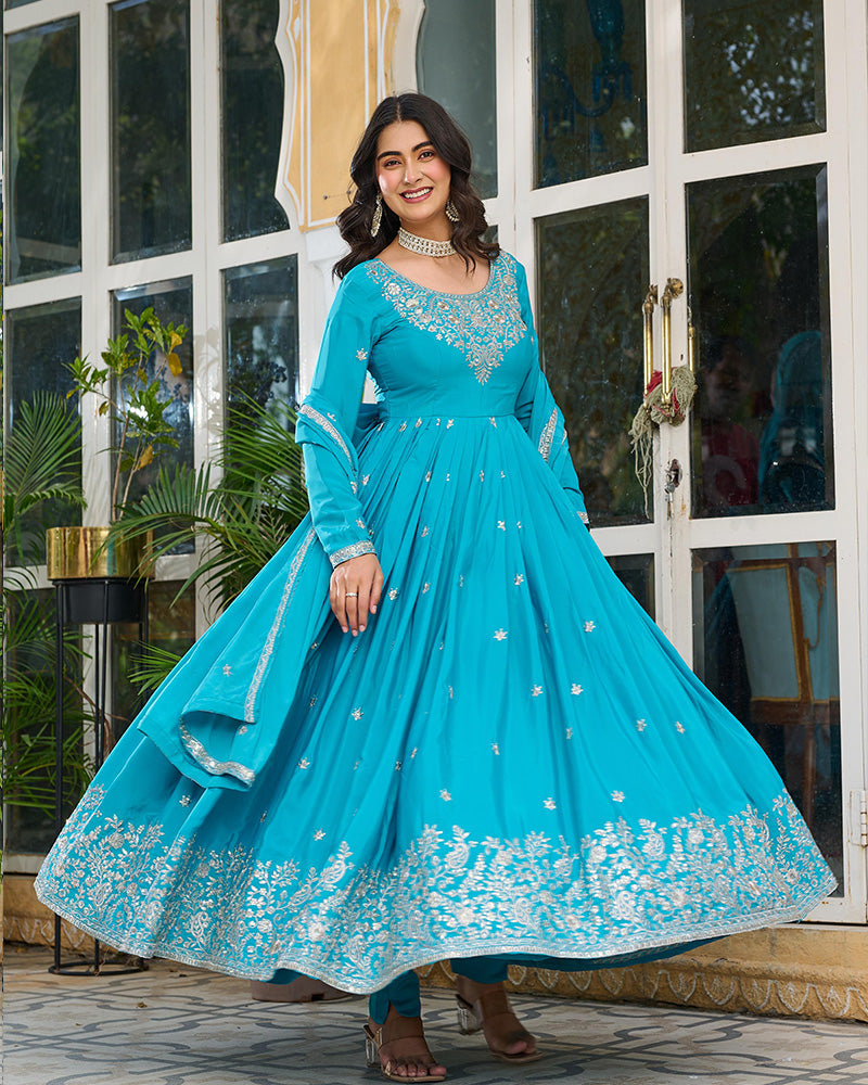 Sky Blue Color American Silk Thred with Sequnce work Gown - ETHNICDEAL