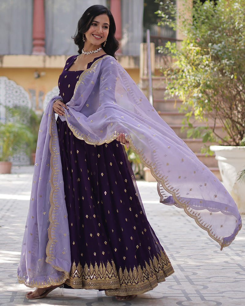 Dark Purple Color Floor Length Gown With Embroidered Dupatta - ETHNICDEAL