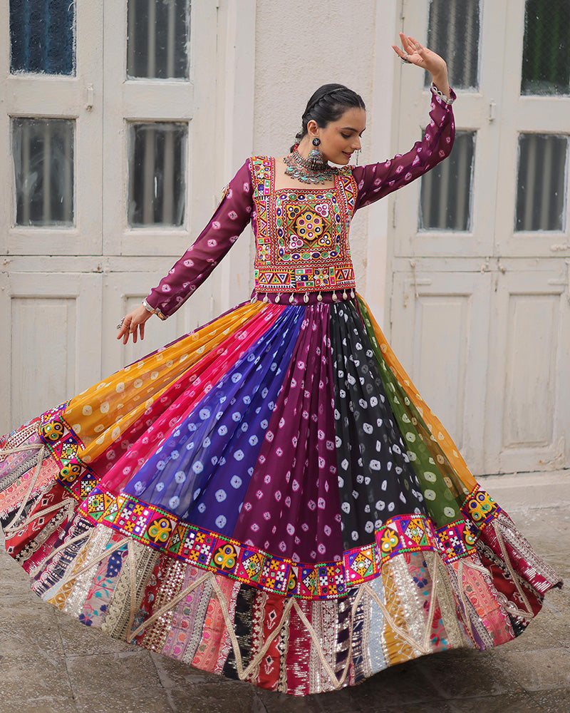 Multi Color Georgette Bandhani Print Navratri Lehenga Choli - ETHNICDEAL