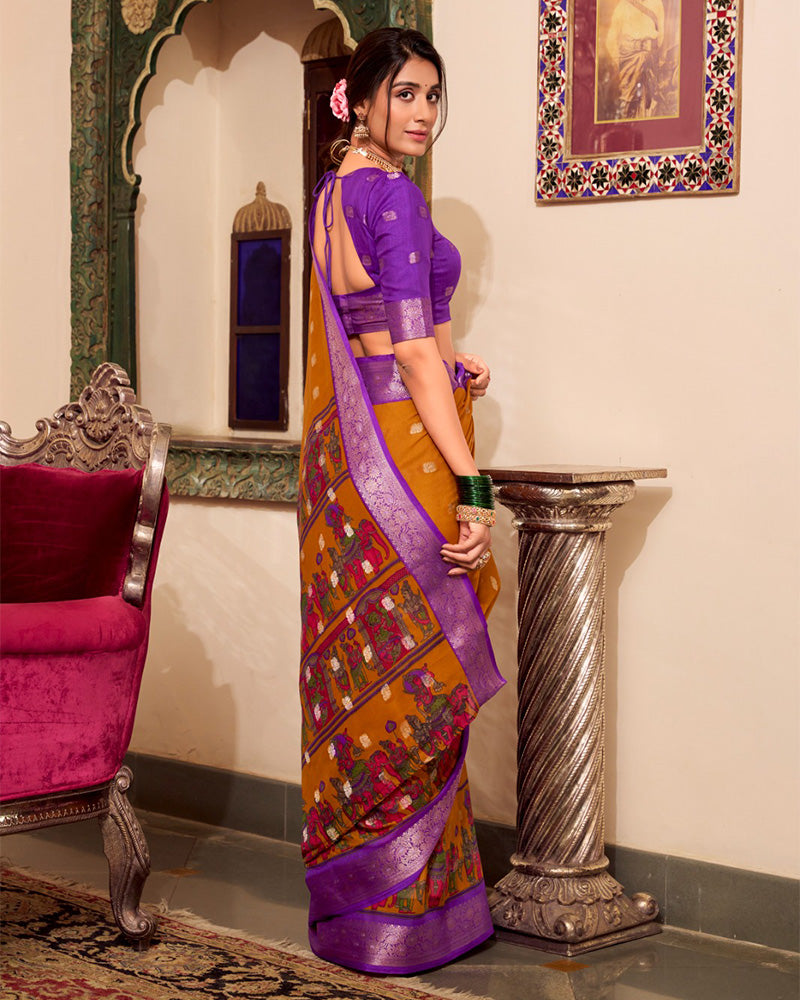 Mustard Color Poly Cotton Kalamkari Print With Zari Work saree - ETHNICDEAL