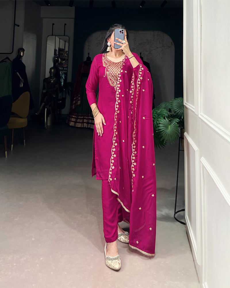 Pink Color Organza Three Piece Kurti Suit - ETHNICDEAL