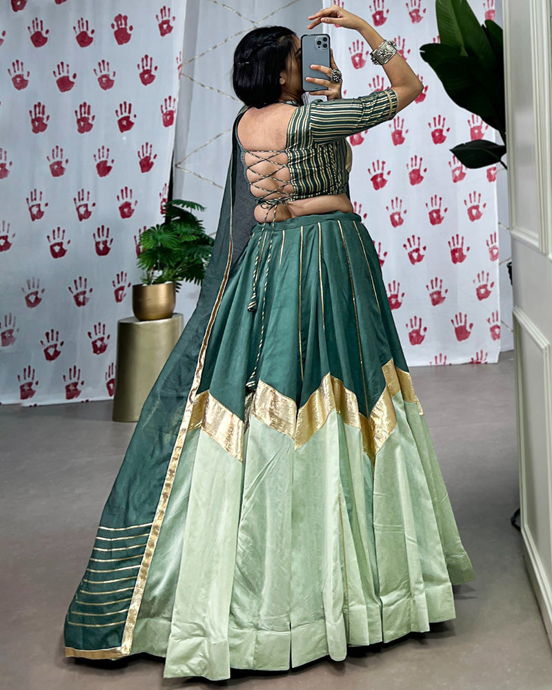 Pista Green Color Pure Chanderi Navratri Lehenga Choli - ETHNICDEAL