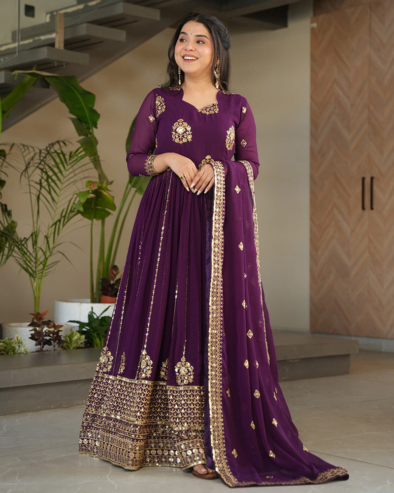 Royal Purple Color Designer Golden Embroidered Gown - ETHNICDEAL