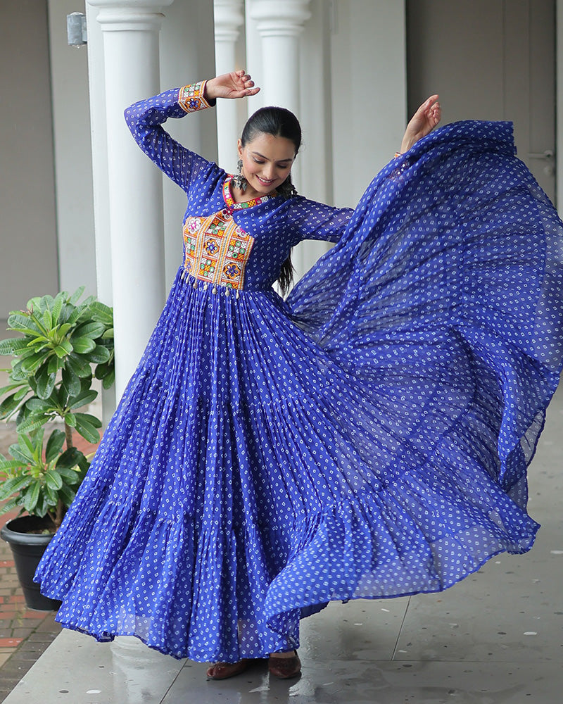 Blue Color Georgette Bandhani Print Navratri Gown - ETHNICDEAL