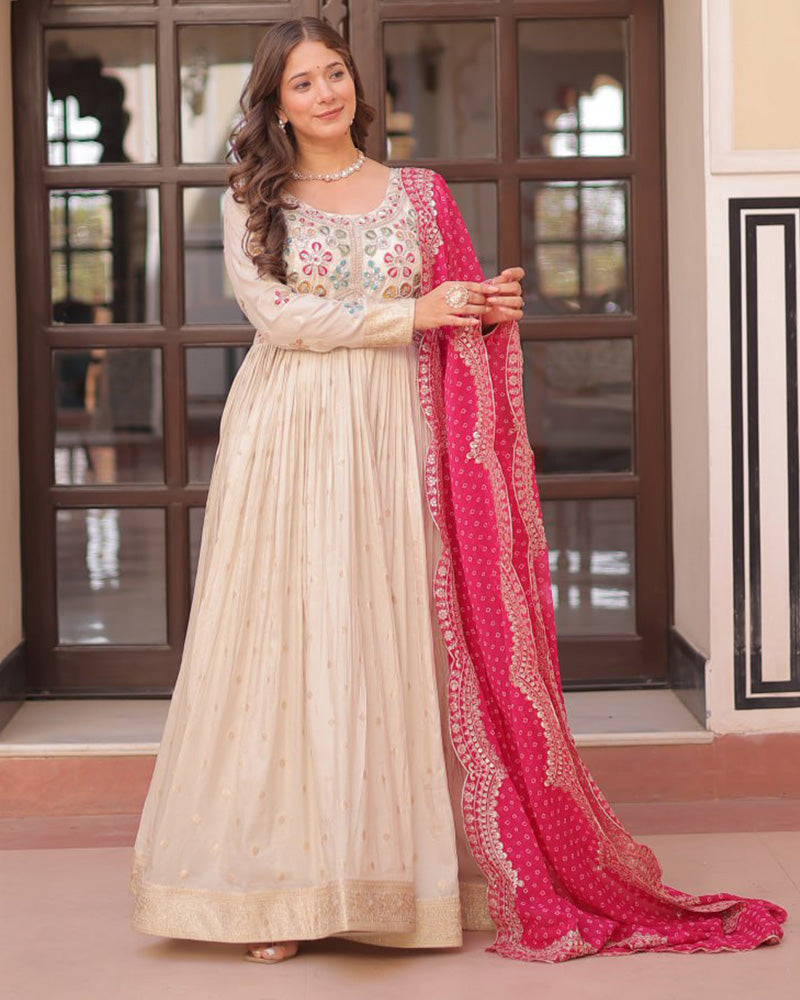 Off-White Color Jacquard Gown With Pink Dupatta - ETHNICDEAL