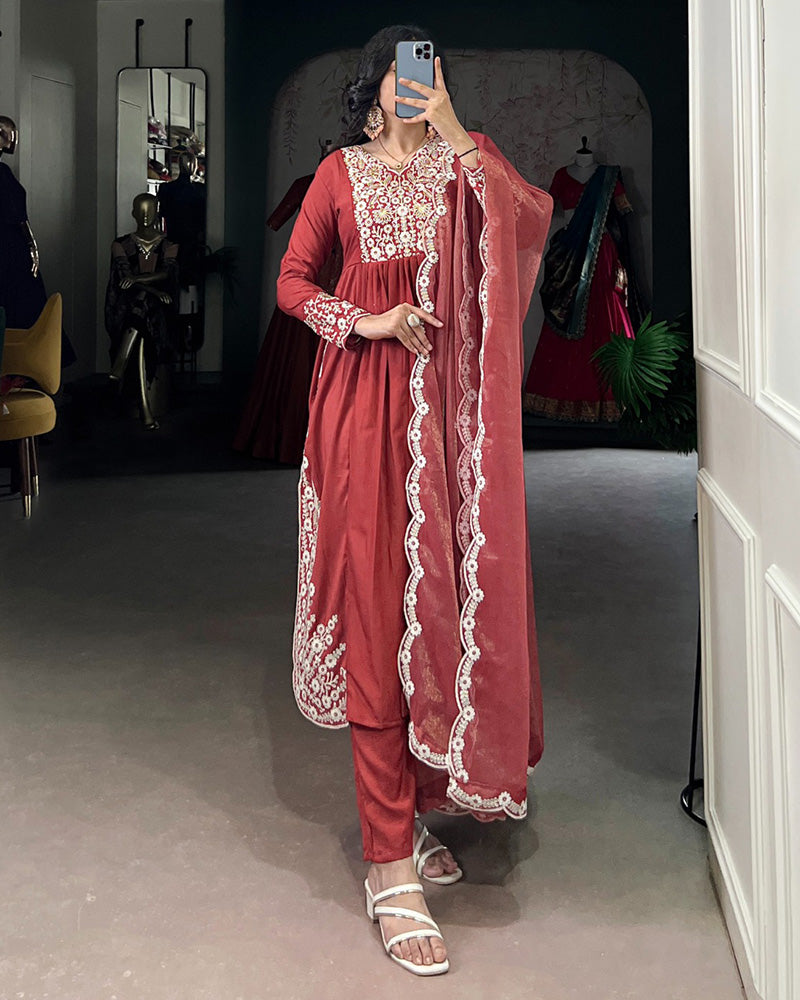 Rust Orange Color Maska Cotton Three Piece Kurti Suit - ETHNICDEAL