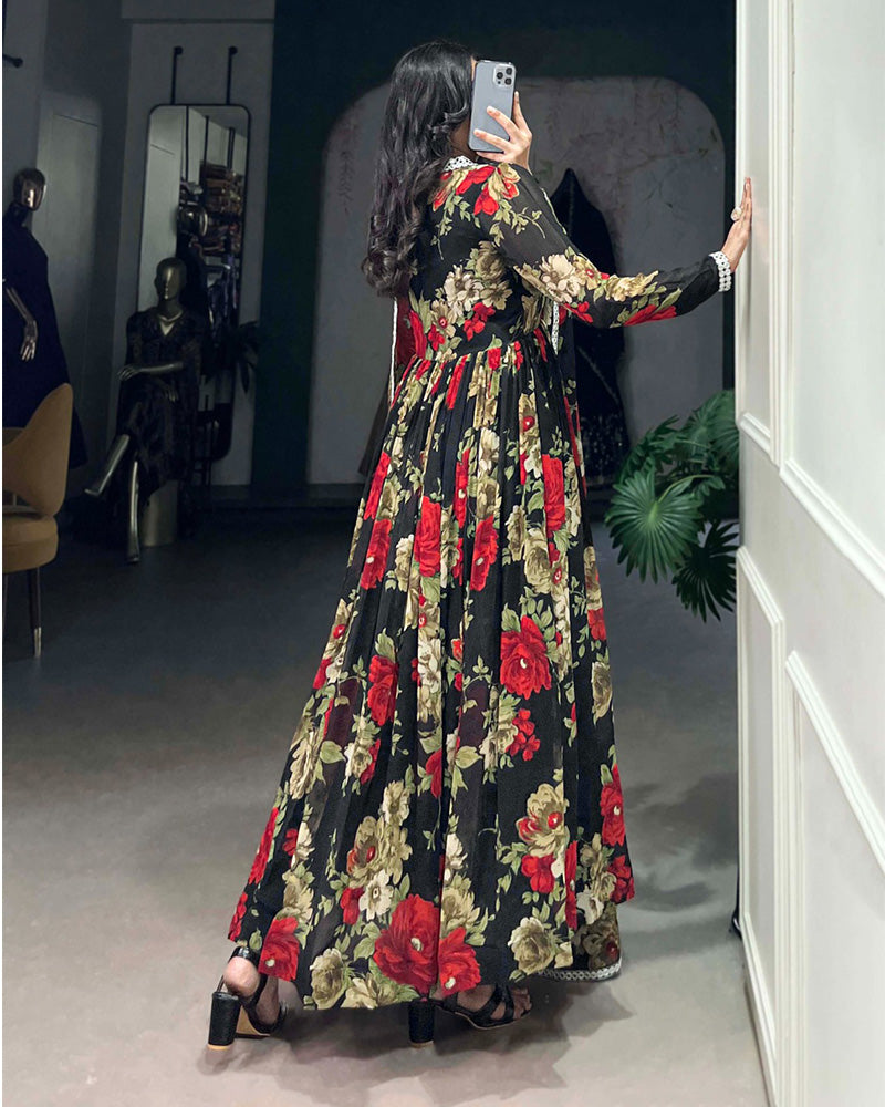 Black And Red Color Floral printed Georgette Gown - ETHNICDEAL