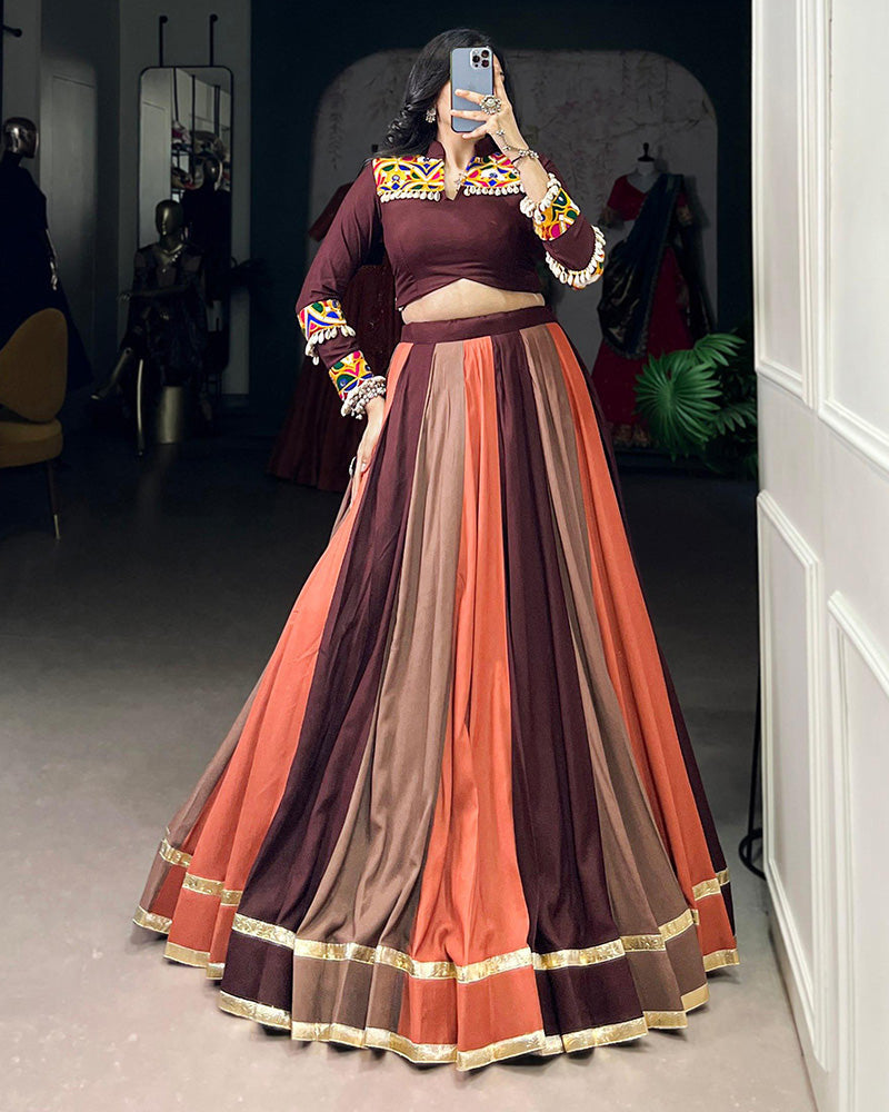 Multi Brown Color Pure Rayon Navratri Lehenga Choli - ETHNICDEAL
