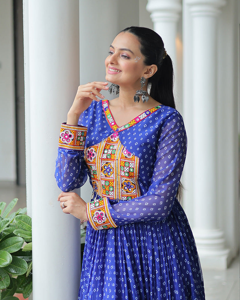 Blue Color Georgette Bandhani Print Navratri Gown - ETHNICDEAL