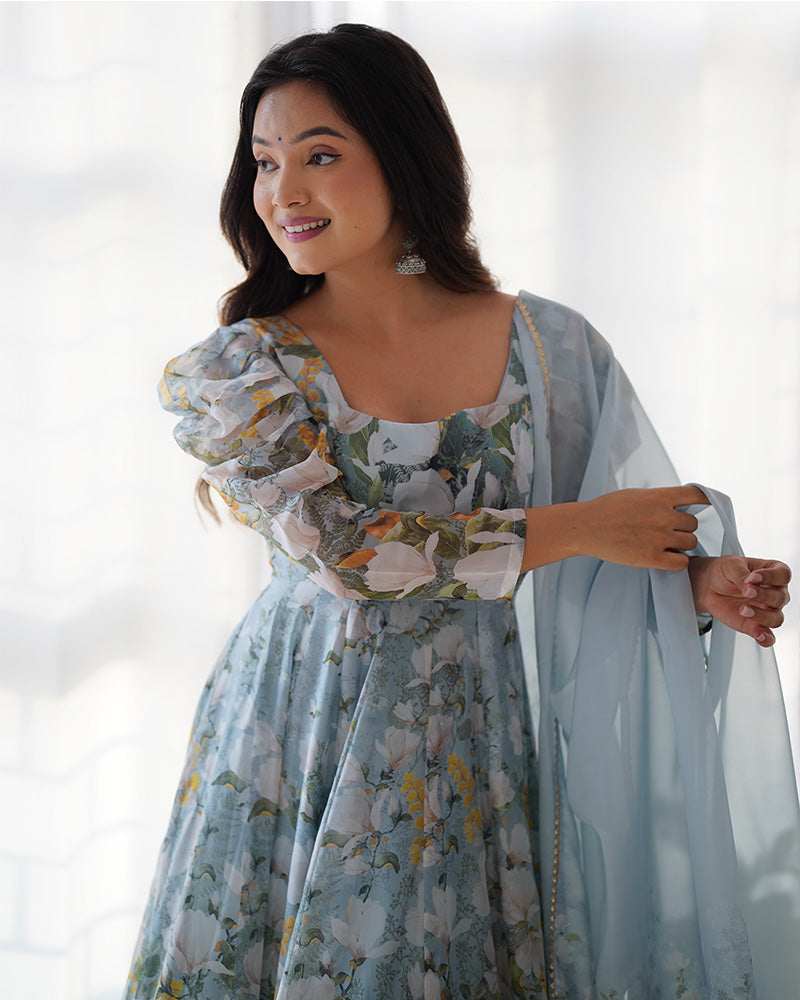 Green Color Pure Soft Organza Three Piece Anarkali Suit - ETHNICDEAL