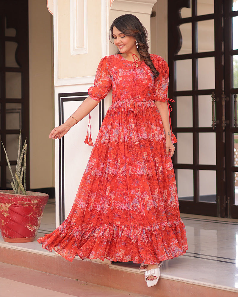 Orange Color Georgette Printed Gown - ETHNICDEAL