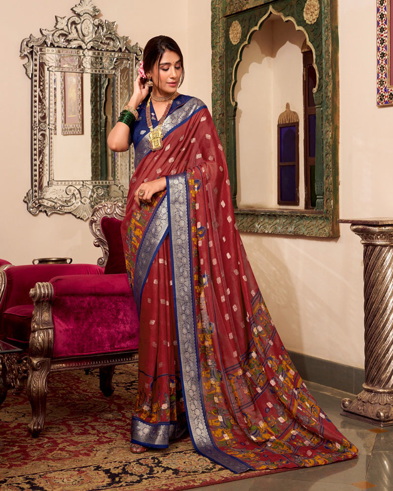 Maroon Color Poly Cotton Kalamkari Print With Zari Work saree - ETHNICDEAL