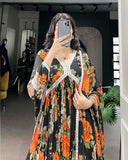 Black And Orange Color Floral Printed Georgette Gown - ETHNICDEAL