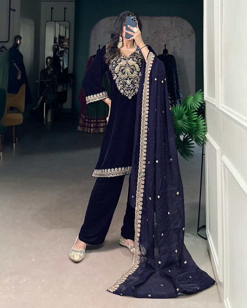 Navy Blue Color Velvet Three Piece Kurti Suit - ETHNICDEAL