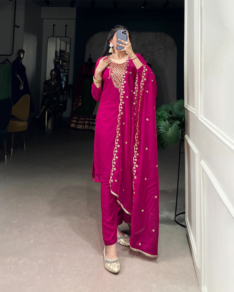 Pink Color Organza Three Piece Kurti Suit - ETHNICDEAL