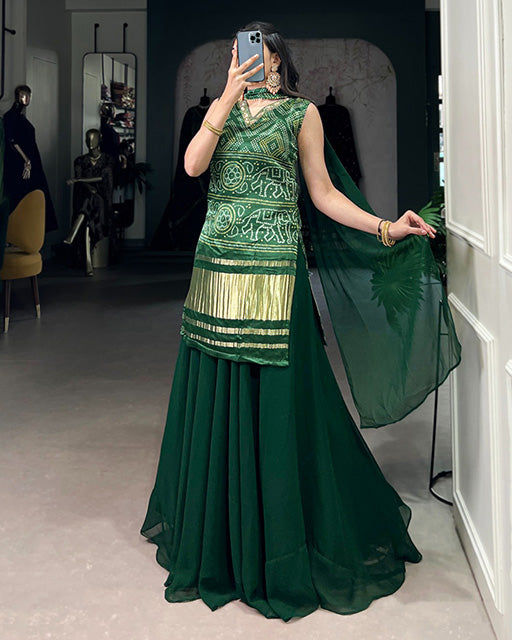 Green Color Gaji Silk Three Piece Plazo Suit - ETHNICDEAL