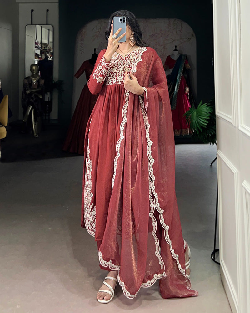 Rust Orange Color Maska Cotton Three Piece Kurti Suit - ETHNICDEAL