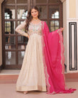 Off-White Color Jacquard Gown With Pink Dupatta - ETHNICDEAL