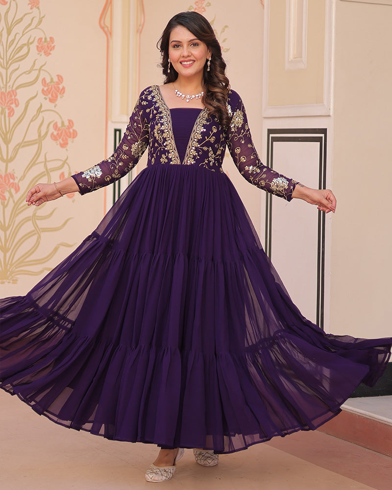 Elegant Purple Floor-Length Gown With Golden Threadwork - ETHNICDEAL