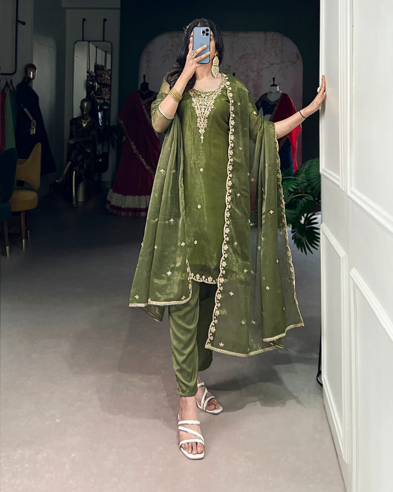 Olive Green Color Gold Coin Three Piece Kurti Suit - ETHNICDEAL