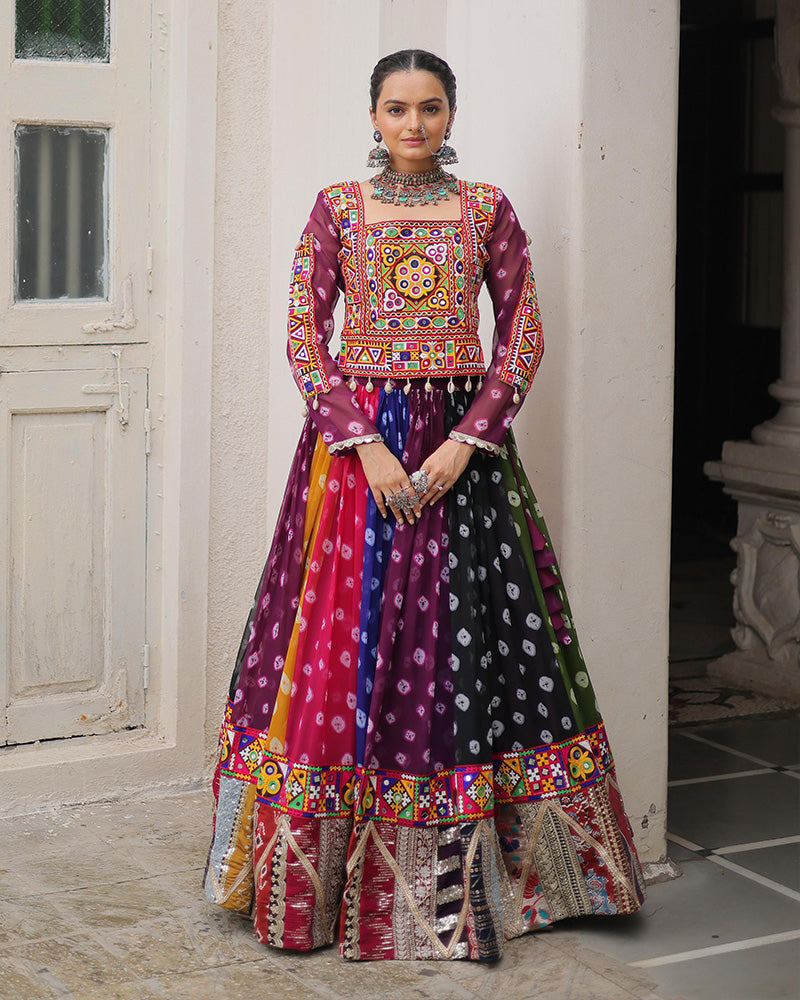 Multi Color Georgette Bandhani Print Navratri Lehenga Choli - ETHNICDEAL