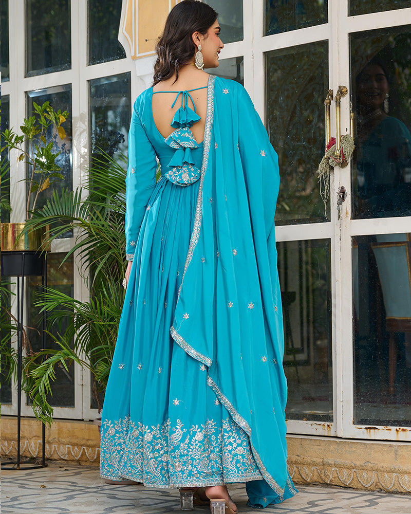 Sky Blue Color American Silk Thred with Sequnce work Gown - ETHNICDEAL
