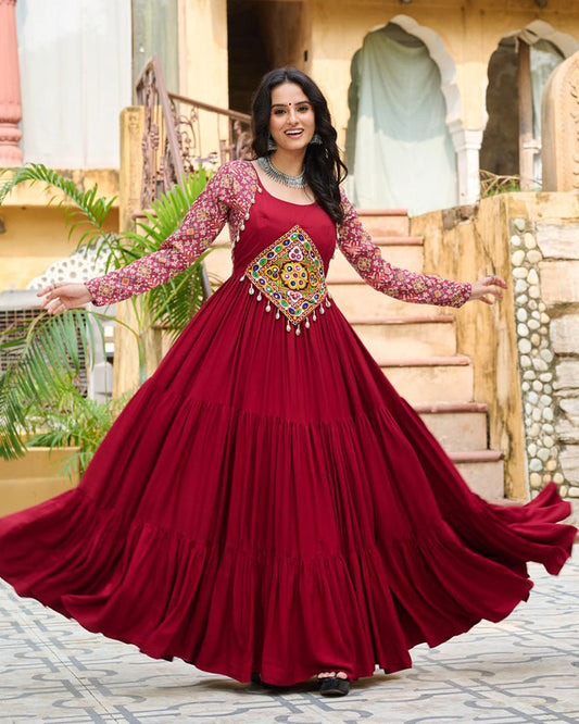 Classic Maroon Mirror Embroidered Rayon Gown For Navratri - ETHNICDEAL