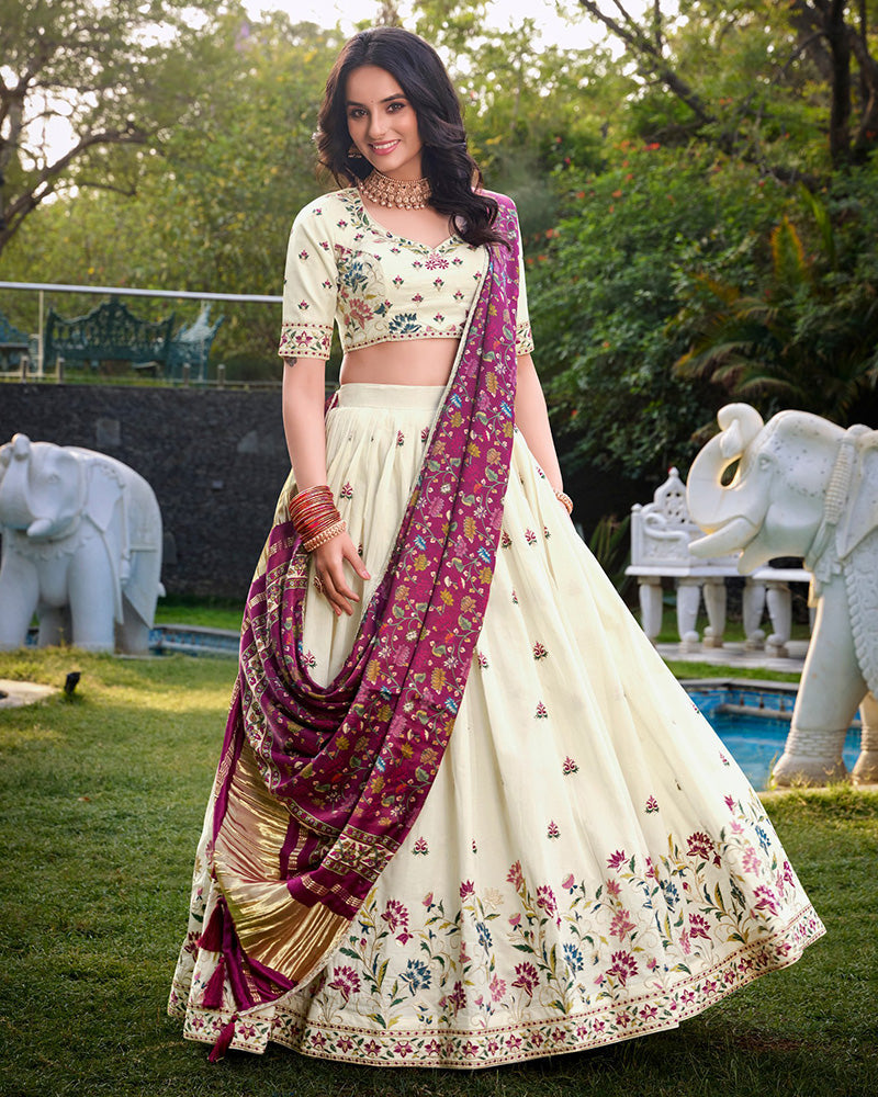 Flower Shape Off-White Color Cotton Lehenga Choli - ETHNICDEAL