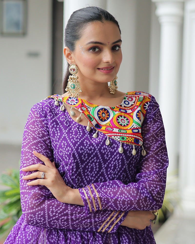 Purple Bandhani Style Peplum Choli With Kora Cotton Lehenga - ETHNICDEAL