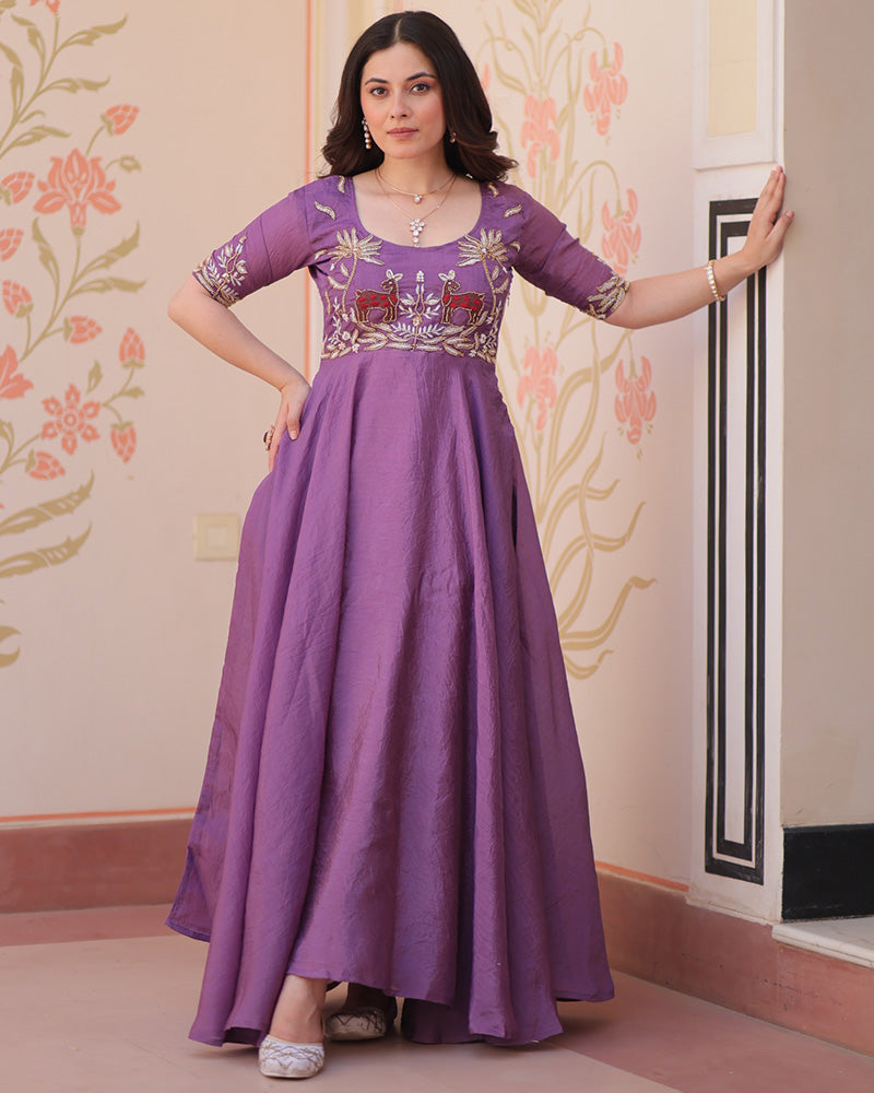 Lavender Color Gold Crush Embroidered Work Gown - ETHNICDEAL