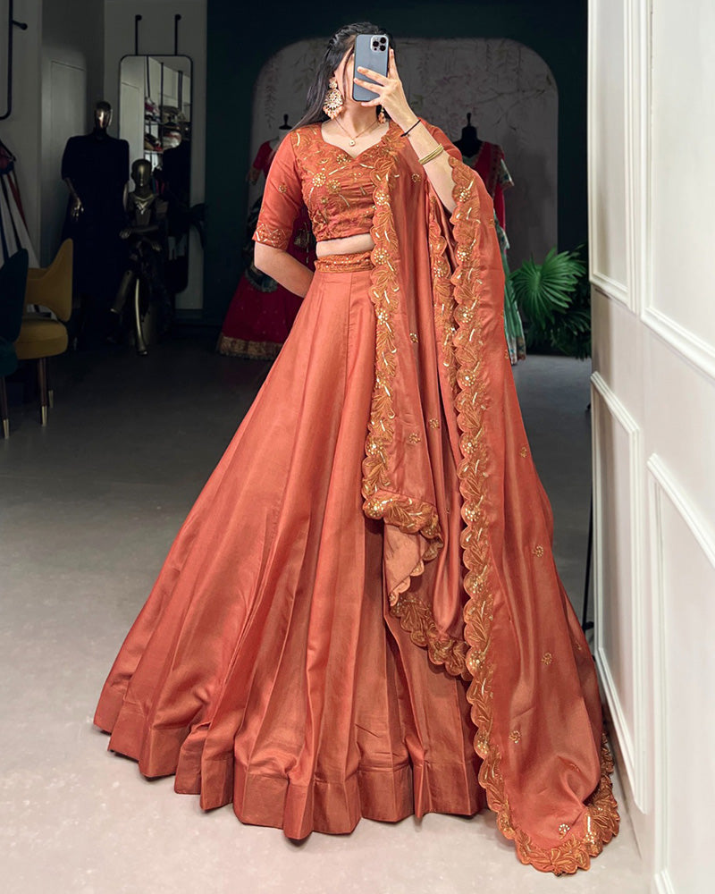 Rust Orange Color Korean Tussar Silk Lehenga Choli - ETHNICDEAL