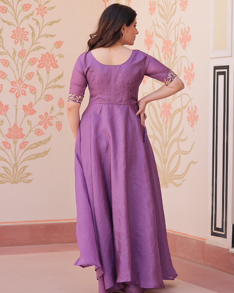Lavender Color Gold Crush Embroidered Work Gown - ETHNICDEAL