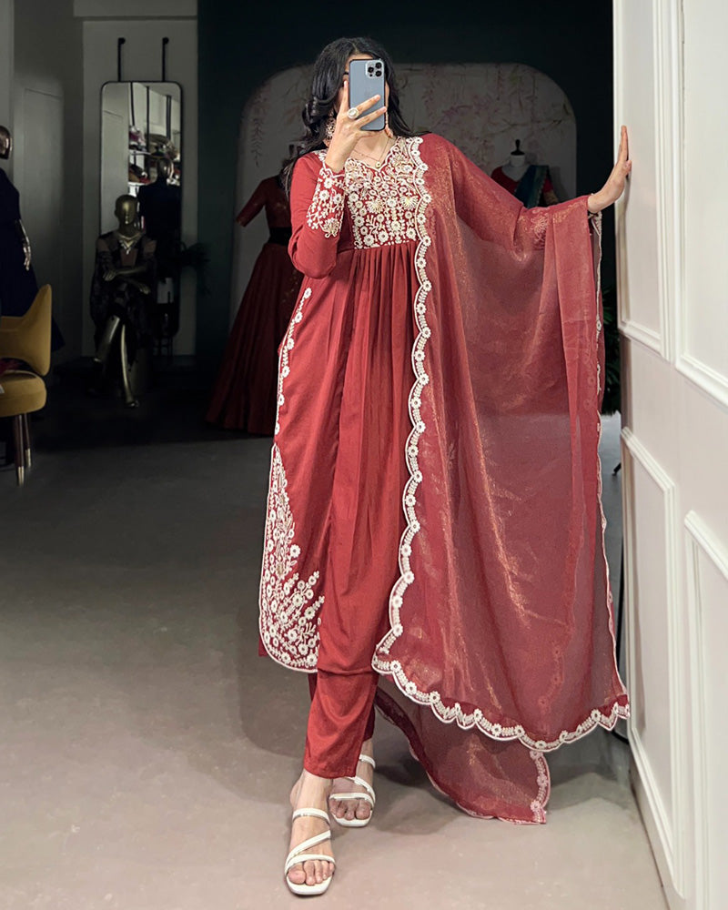 Rust Orange Color Maska Cotton Three Piece Kurti Suit - ETHNICDEAL