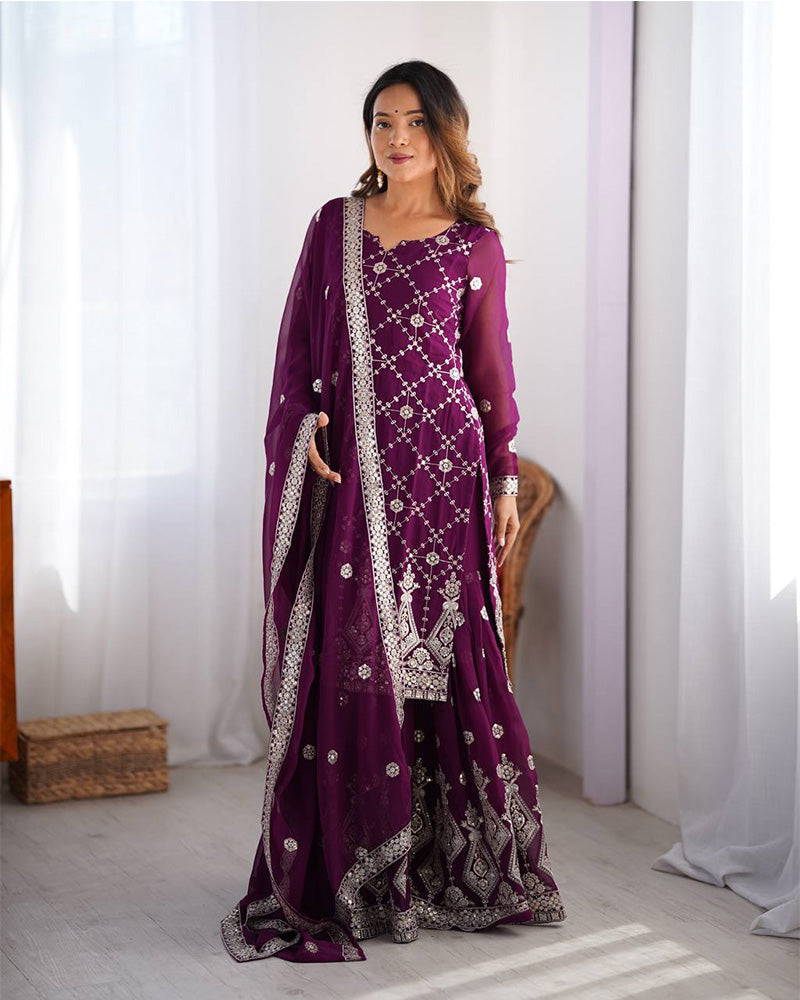 Wine Color Faux Georgette Sharara Suit - ETHNICDEAL