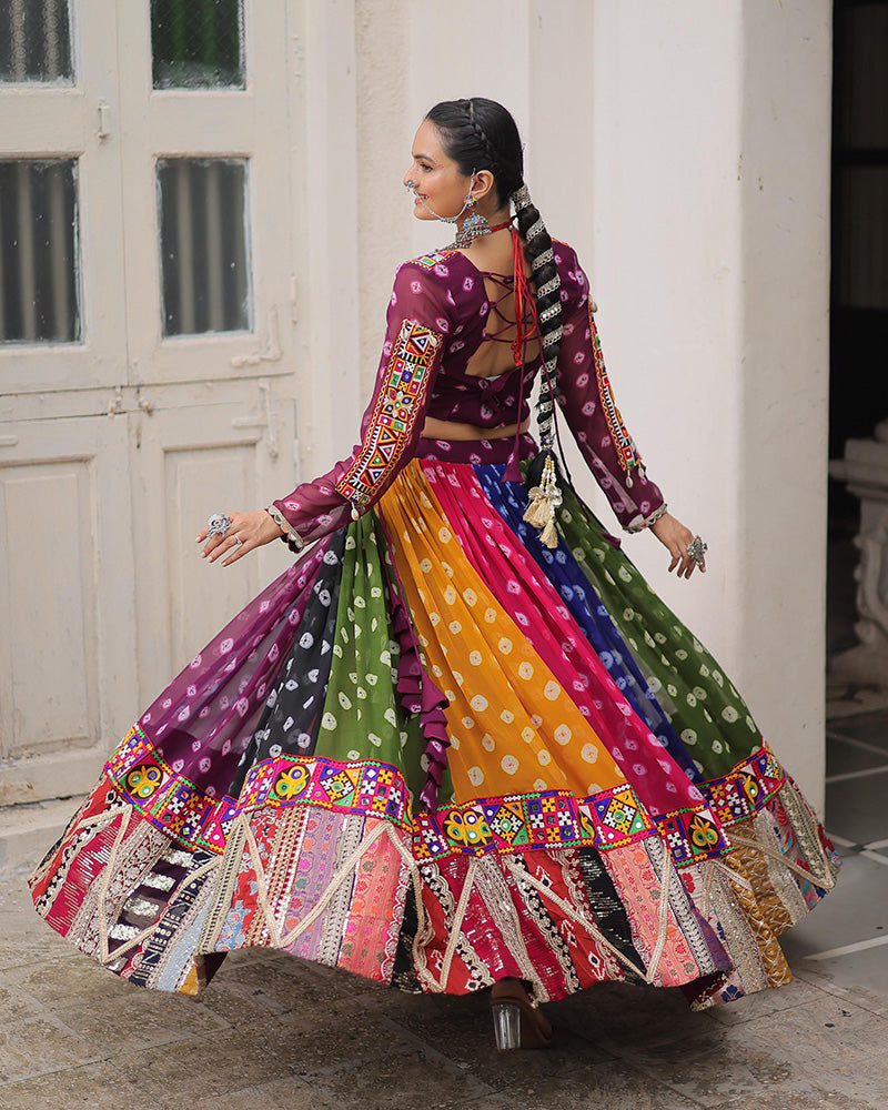 Multi Color Georgette Bandhani Print Navratri Lehenga Choli - ETHNICDEAL