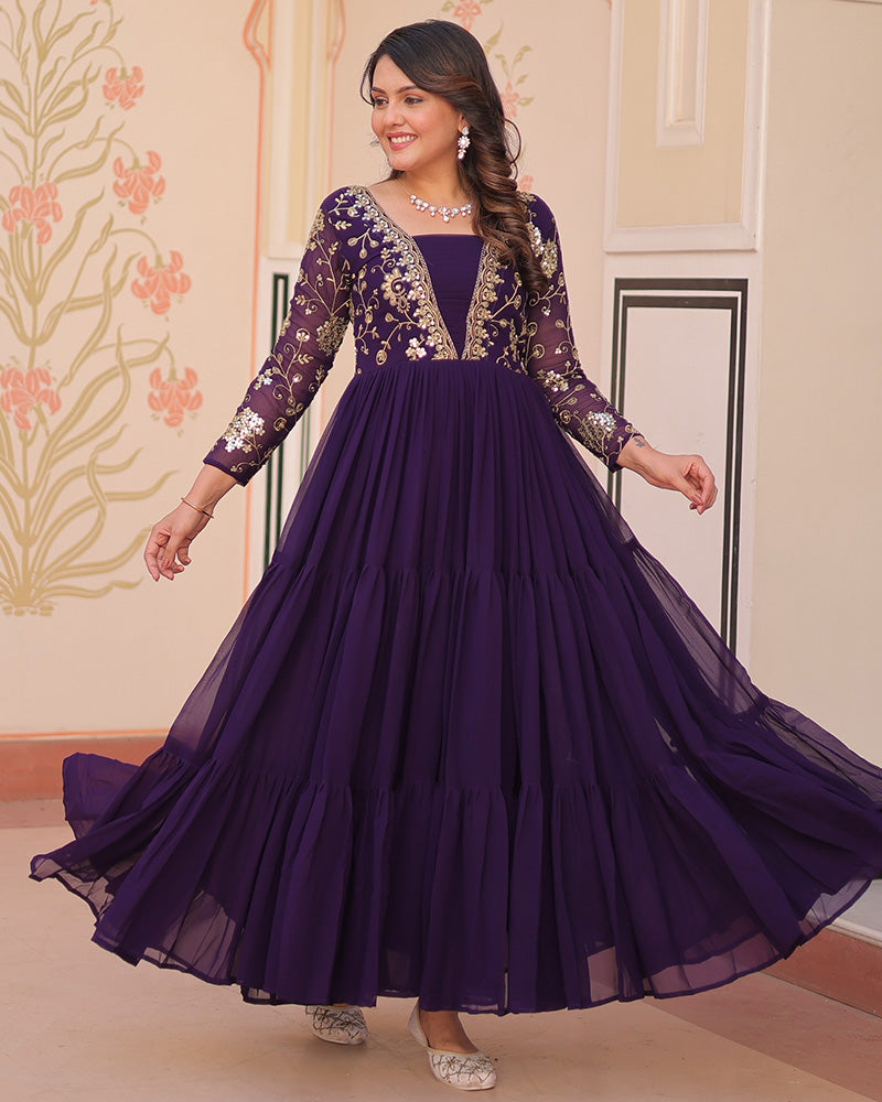 Elegant Purple Floor-Length Gown With Golden Threadwork - ETHNICDEAL