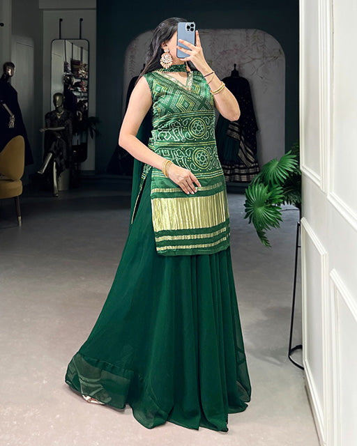 Green Color Gaji Silk Three Piece Plazo Suit - ETHNICDEAL