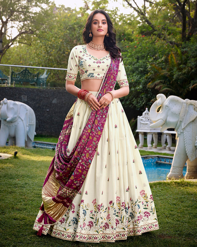 Flower Shape Off-White Color Cotton Lehenga Choli - ETHNICDEAL