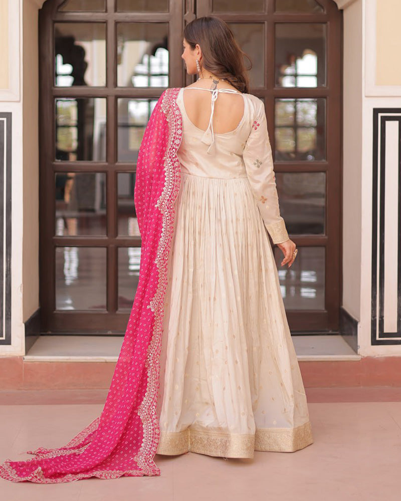 Off-White Color Jacquard Gown With Pink Dupatta - ETHNICDEAL