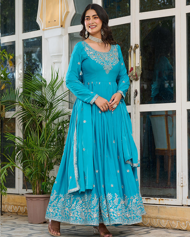 Sky Blue Color American Silk Thred with Sequnce work Gown - ETHNICDEAL